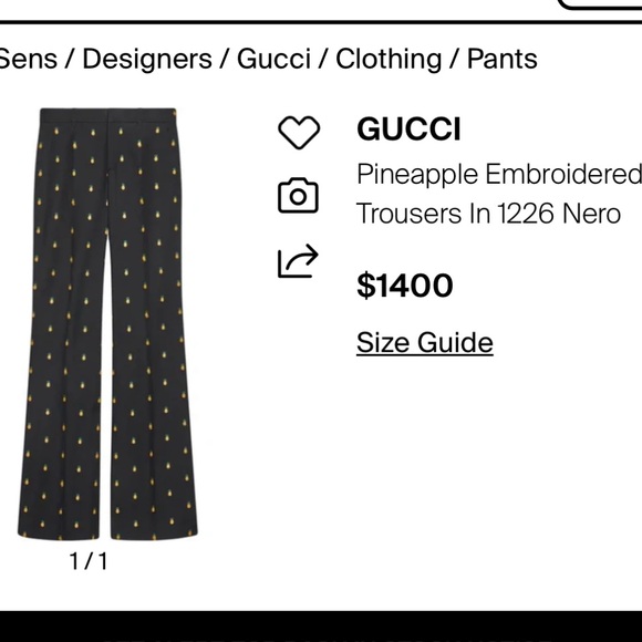 Gucci Black Trousers with Gold Pineapple Embroidery